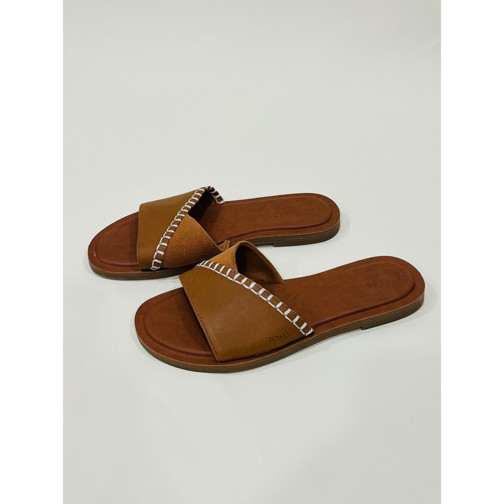 TOMS Womens Slides Size 6 Leather Upper Comfort Sandals Brown